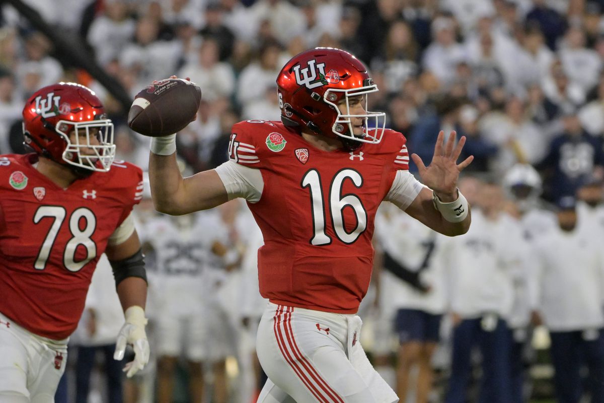 Utah Utes quarterback Bryson Barnes passes against the Penn State Nittany Lions in the third quarter in the 109th Rose Bowl game at the Rose Bowl.