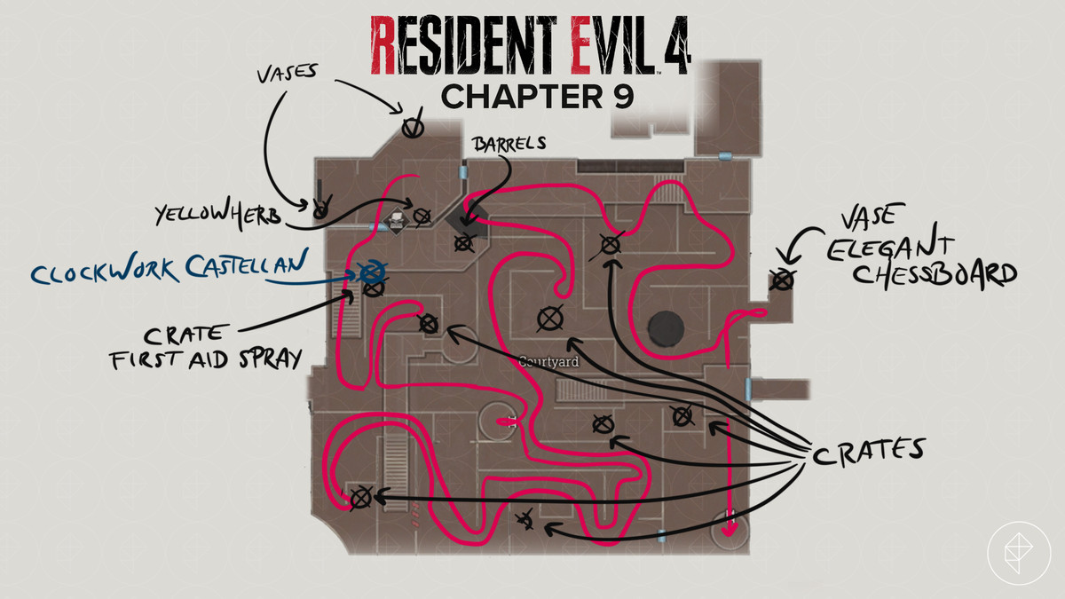 Resident Evil 4&nbsp;remake&nbsp;map of the Courtyard with a route and items marked.