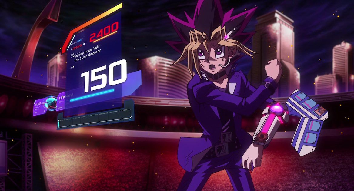 Yugi fighting with a Duel Discs on his arm and a screen popped up in front of him during a duel