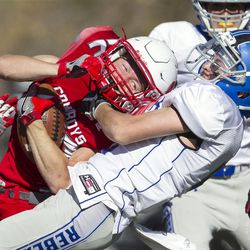 Rich linebacker Wyatt Downing tackles Kanab running back Layne Anderson during a UHSAA 1A state semifinal football game at Weber State University in Ogden on Friday, Nov. 4, 2016. Kanab ousted Rich 21-0 and advances to the Class 1A state championship game.