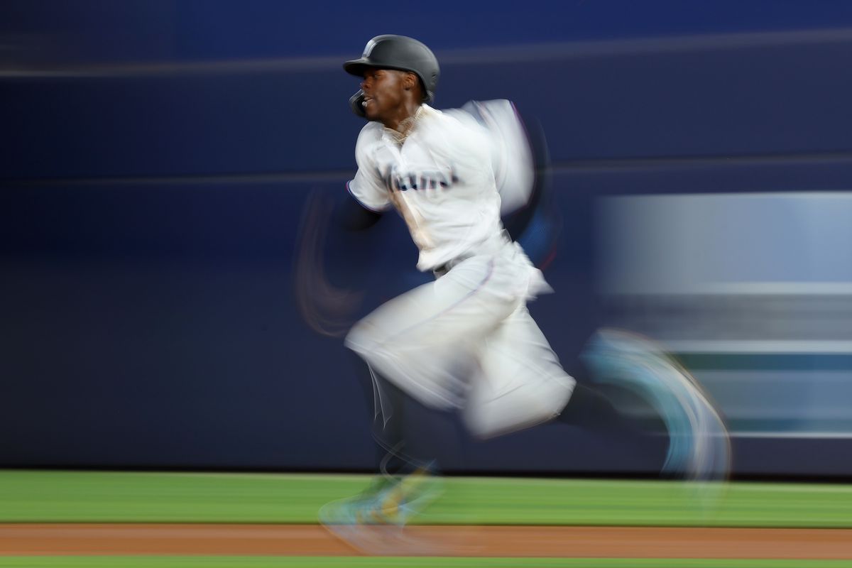 Jazz Chisholm Jr. #2 of the Miami Marlins steals second base against the St. Louis Cardinals during the third inning at loanDepot park