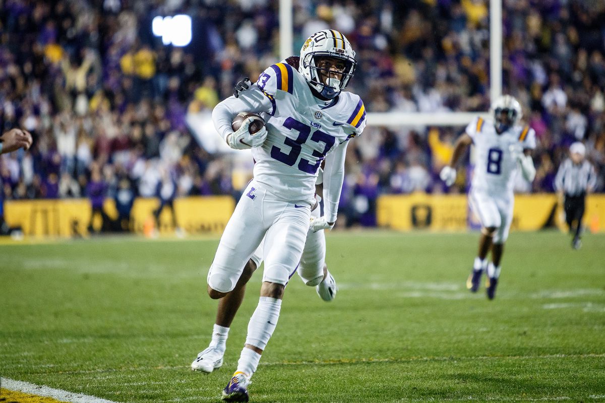LSU Tigers Wide Receiver Trey Palmer (33) scores a touchdown during a game between the Texas A&amp;M Aggies and the LSU Tigers, in Tiger Stadium in Baton Rouge, Louisiana on November 27, 2021