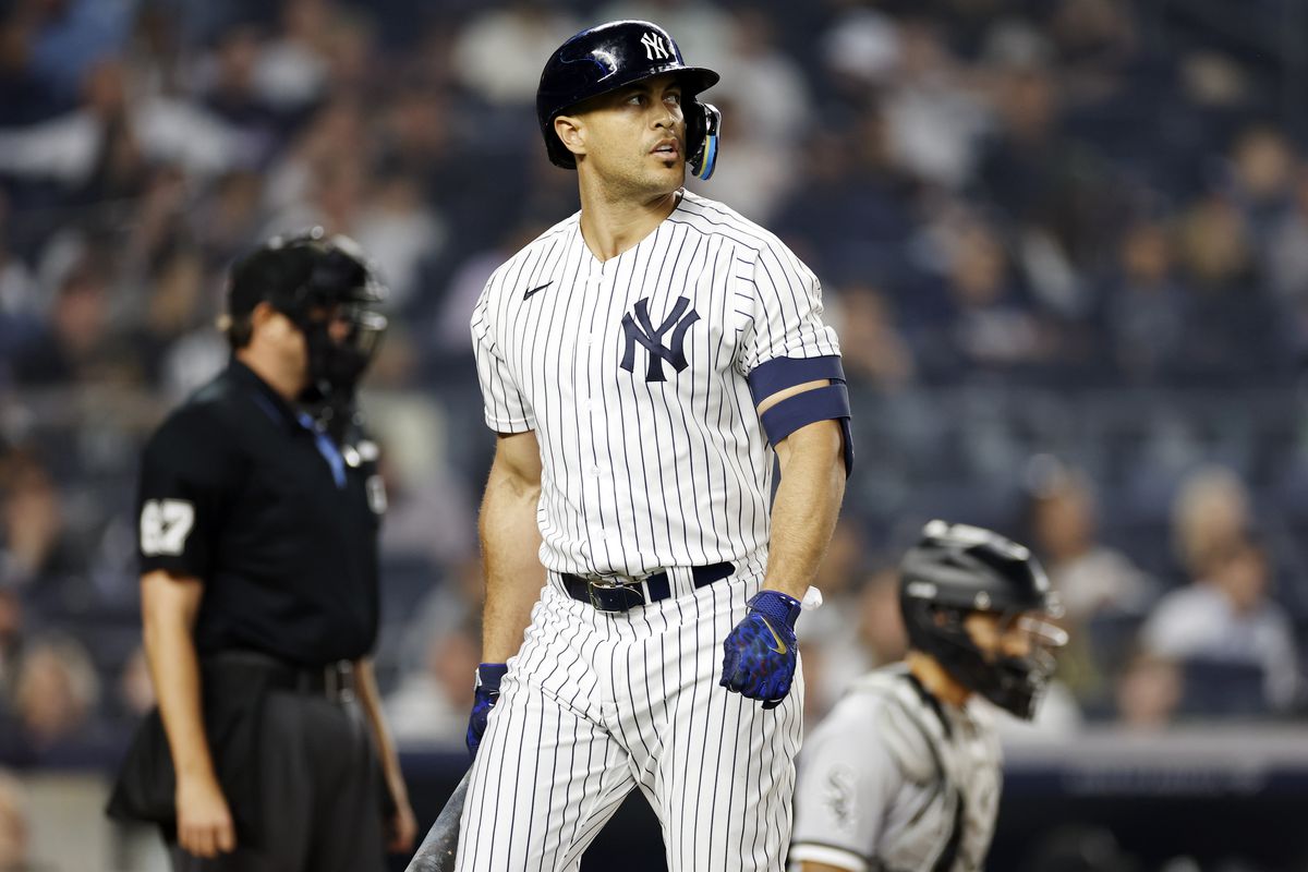 Giancarlo Stanton of the New York Yankees reacts after striking out during the sixth inning against the Chicago White Sox at Yankee Stadium on June 06, 2023 in the Bronx borough of New York City.