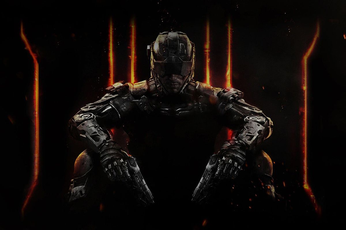 Call of Duty Black Ops 3 - cover art with sitting soldier holding two pistols