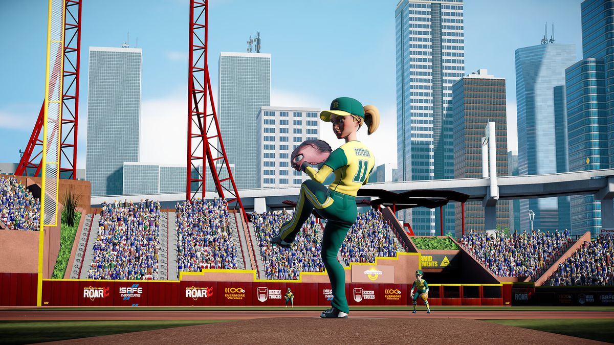 SUP FOUR EYES jk here is real alt text: A pitcher named Patterson in a green and yellow uniform prepares to throw out a pitch in Super Mega Baseball 4