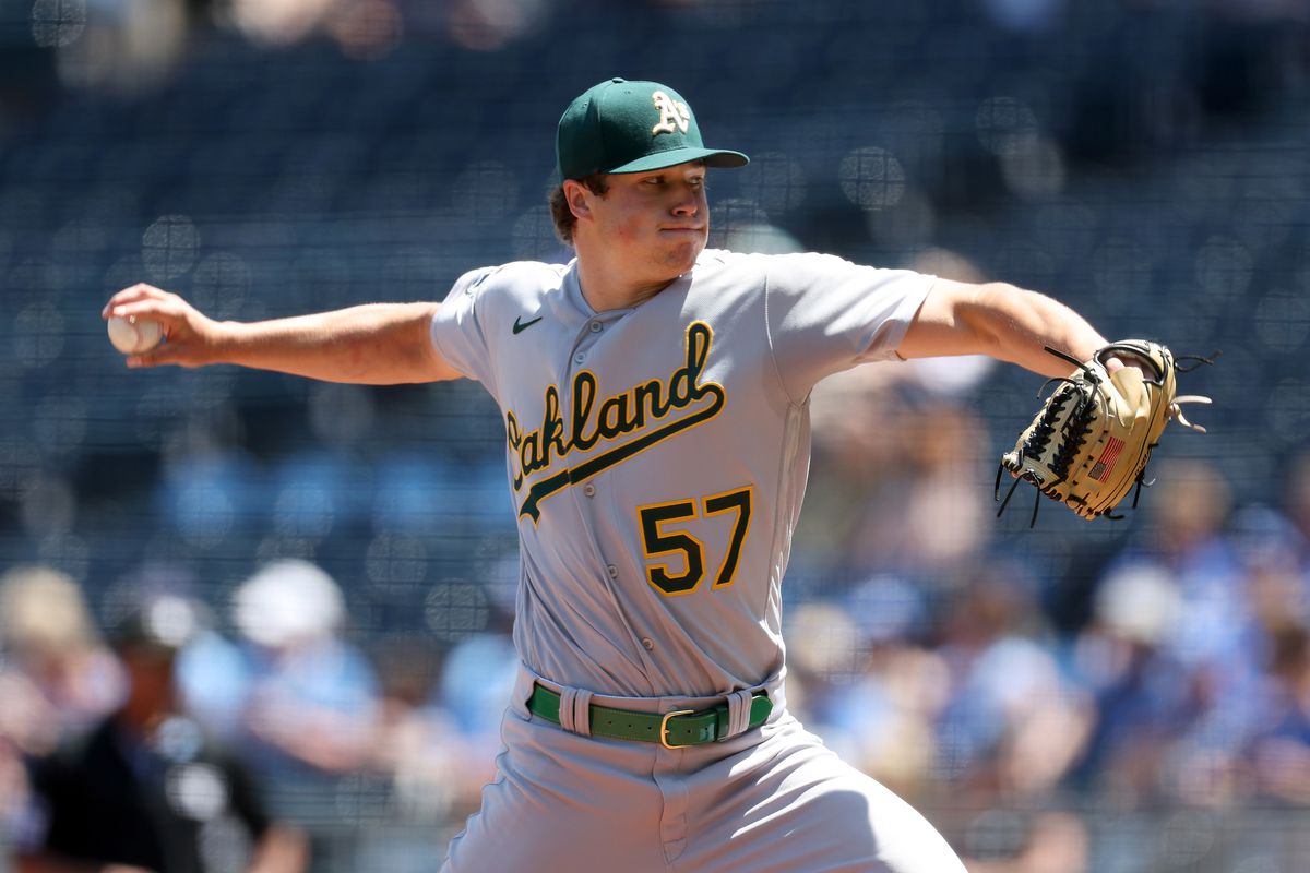 Starting pitcher Mason Miller of the Oakland Athletics pitches during the 1st inning of the game against the Kansas City Royalsat Kauffman Stadium on May 07, 2023 in Kansas City, Missouri.