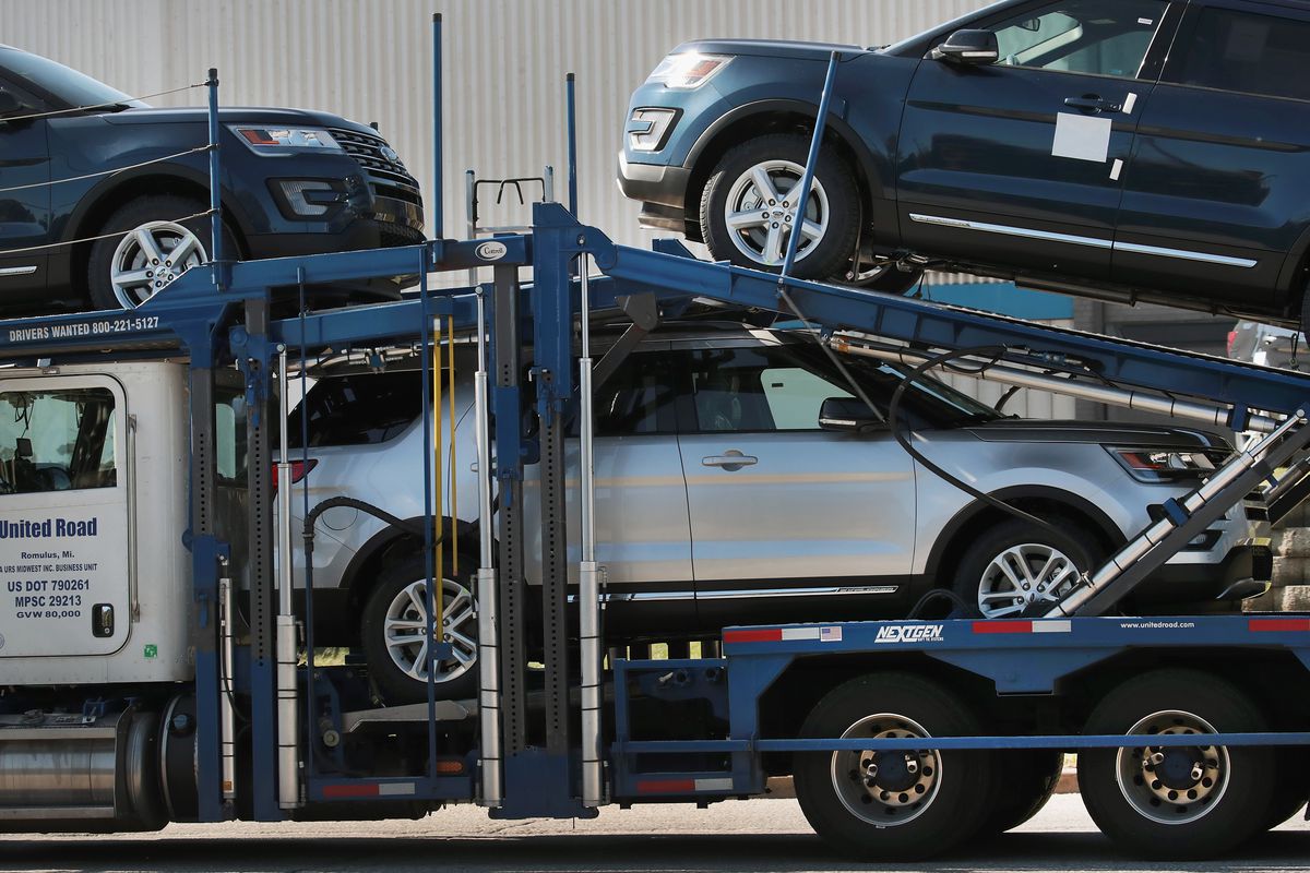 Ford Explorers leave Ford’s Chicago Assembly Plant on October 18, 2017 in Chicago, Illinois.