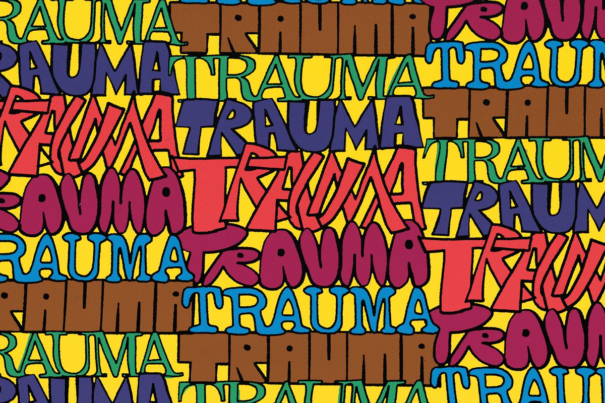 The word trauma appears in numerous cartoon fonts and is repeated over and over on a yellow background.