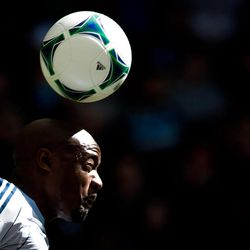 Vancouver Whitecaps' Nigel Reo-Coker, of England, heads the ball during the second half of an MLS soccer game against Real Salt Lake in Vancouver, British Columbia, on Saturday, April 13, 2013. (AP Photo/The Canadian Press, Darryl Dyck)