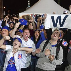 Chicago Cubs fans celebrate during a watch party, after Game 7 of the baseball World Series between the Cleveland Indians and the Cubs, outside Progressive Field early Thursday, Nov. 3, 2016, in Cleveland. The Cubs won 8-7 to win the series. (AP Photo/David Dermer)