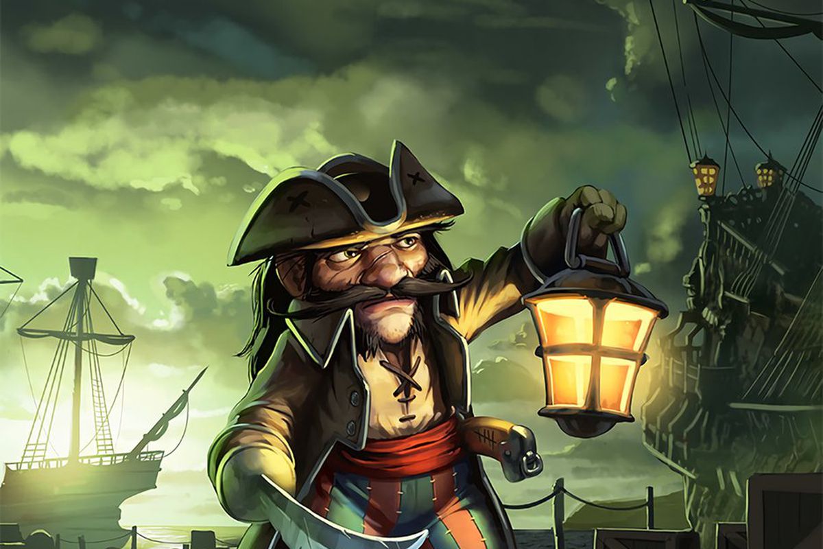 This piece of card art from Hearthstone depicts a short gnome dressed in pirate clothing, carrying a sharp sword and lantern. The pirate appears to be standing near a dock; masts from several ships can be seen behind him.