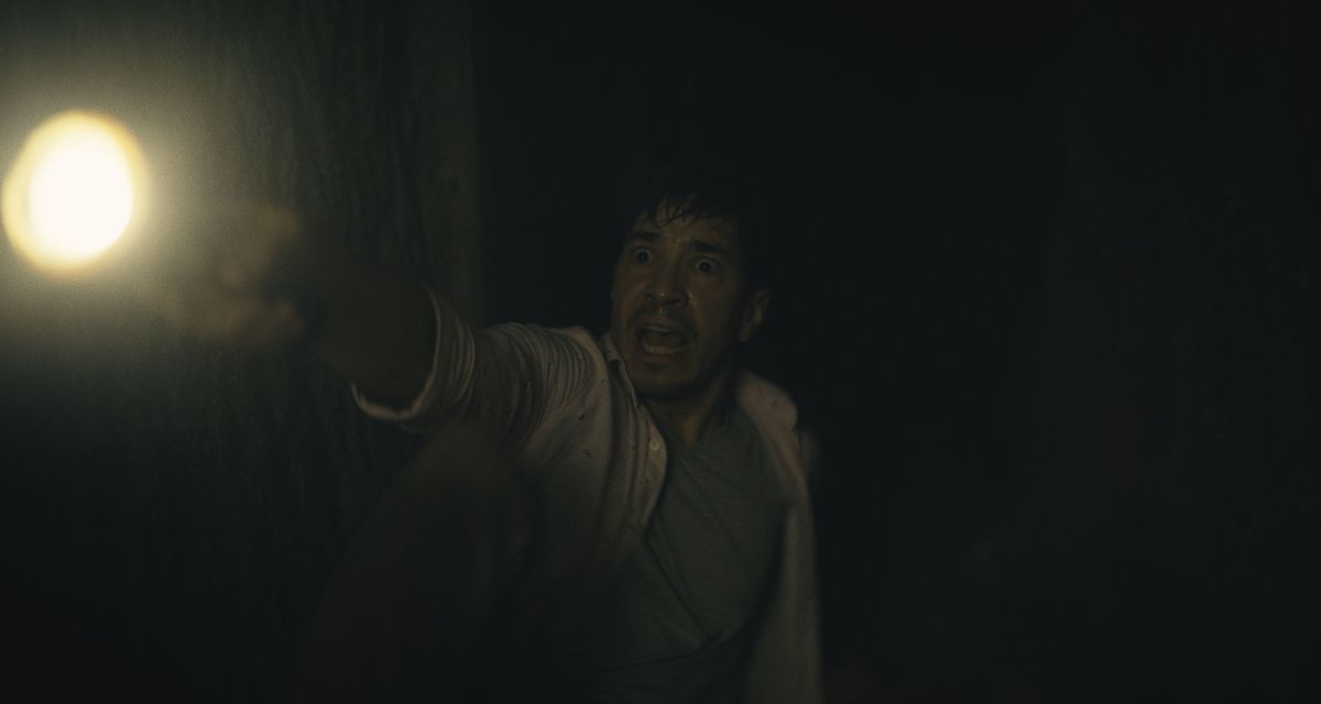 A man, barely visible in dim light, shines a flashlight toward the viewer and yells, mouth open. 
