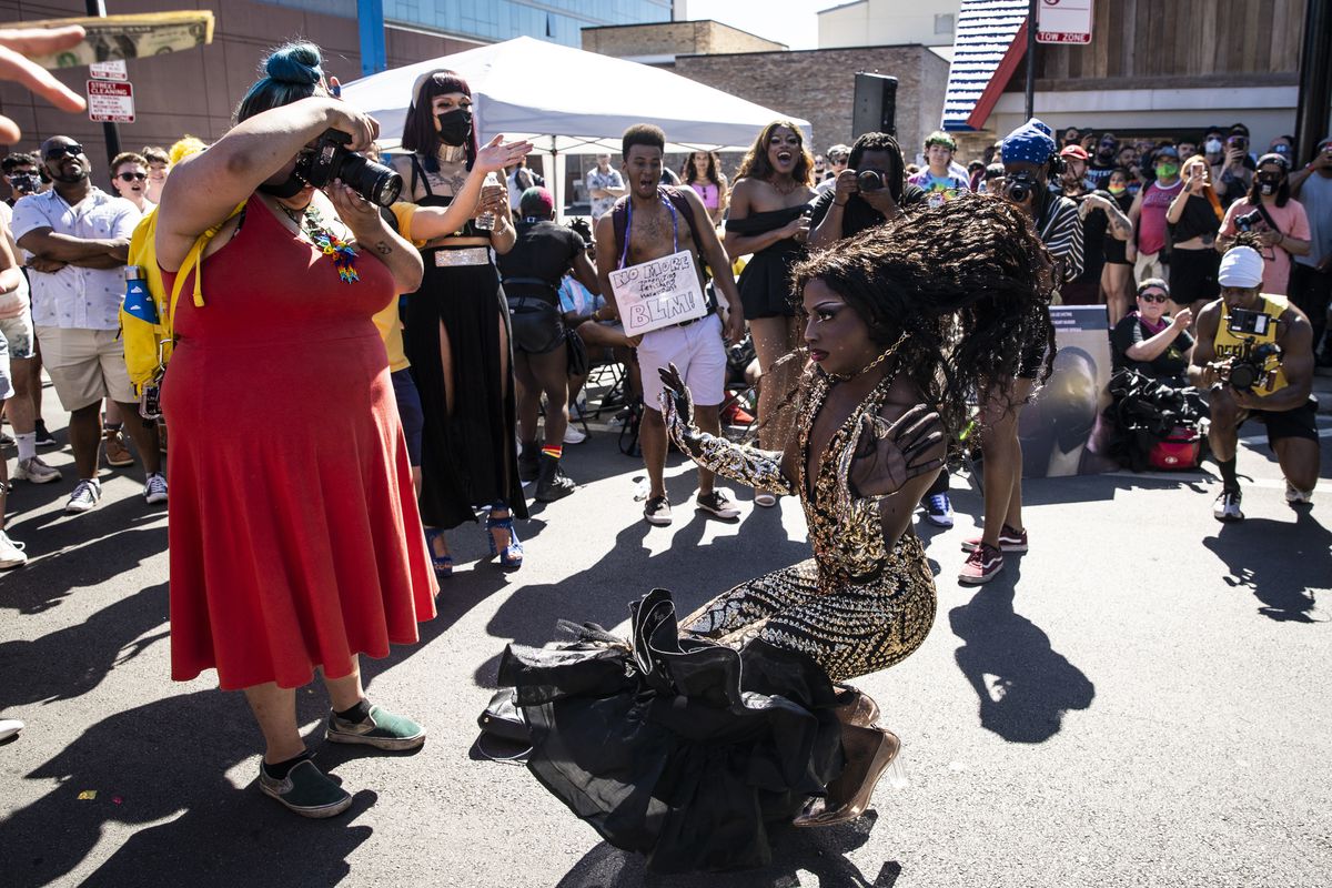 O’laysia performs Sunday afternoon in the second annual Drag March for Change on North Halsted Street near Grace Street on the North Side.