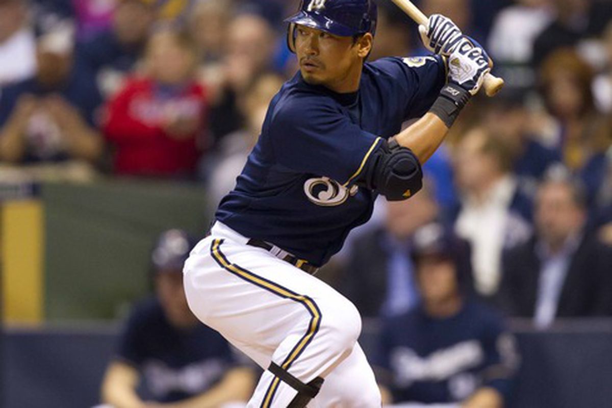 May 7, 2012: Milwaukee, WI, USA;  Milwaukee Brewers center fielder Norichika Aoki (7) bats during the game against the Cincinnati Reds at Miller Park.  The Reds defeated the Brewers 6-1.  Mandatory Credit: Jeff Hanisch-US PRESSWIRE