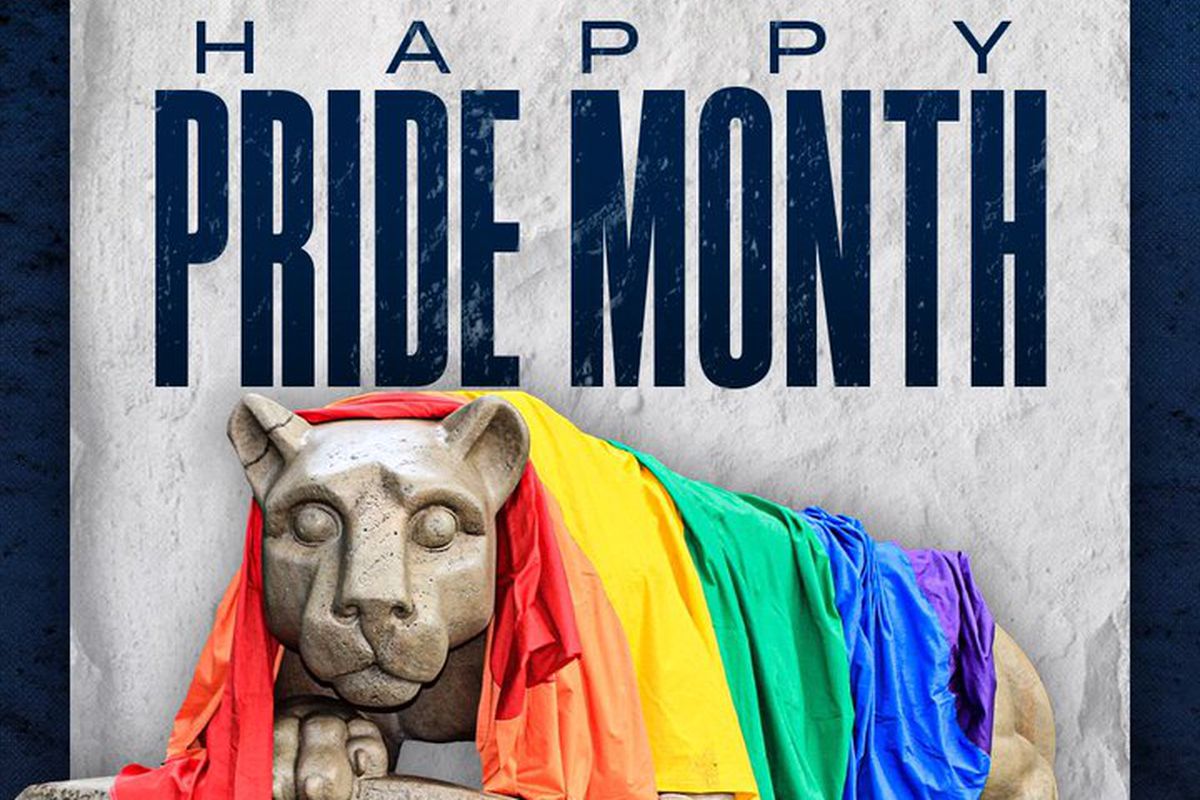 Penn State’s iconic nittany lion wear a rainbow flag.