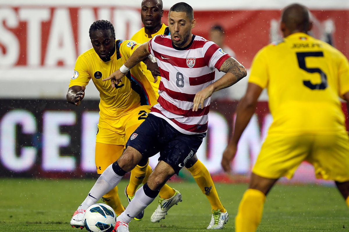 TAMPA, FL - JUNE 08:  Forward Clint Dempsey #8 of Team USA advances the ball against Team Antigua and Barbuda during the FIFA World Cup Qualifier Match at Raymond James Stadium on June 8, 2012 in Tampa, Florida.  (Photo by J. Meric/Getty Images)
