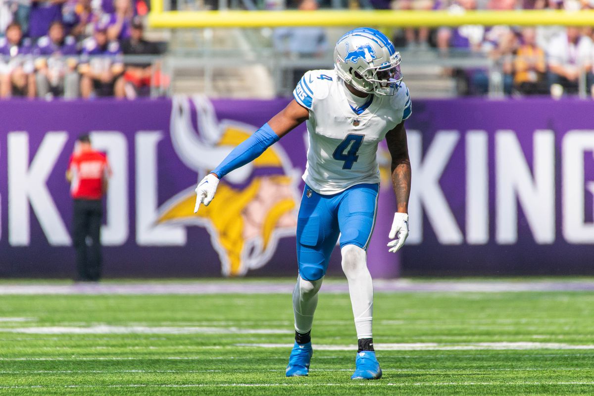 Detroit Lions Wide Receiver D.J. Chark (4) lines up during the NFL game between the Detroit Lions and the Minnesota Vikings on September 25th, 2022, at U.S. Bank Stadium in Minneapolis, MN.