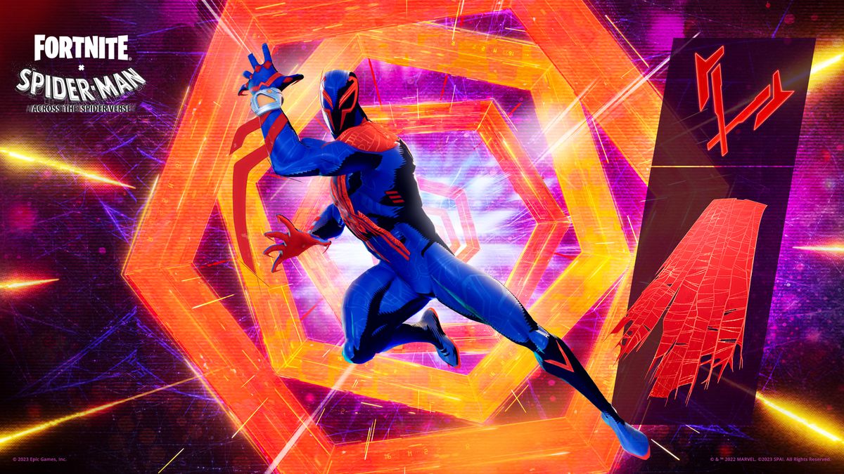 Spider-Man 2099 (and his axes and back bling) in Fortnite’s Spider-Man: Across the Universe crossover