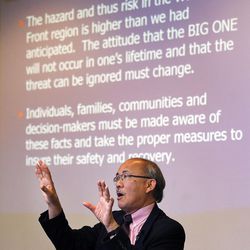 Ivan Wong, lead author of a new report concerning probabilities of earthquakes along the Wasatch Front, speaks during the quarterly meeting of the Utah Seismic Safety Commission in Salt Lake City on Monday, April 18, 2016.