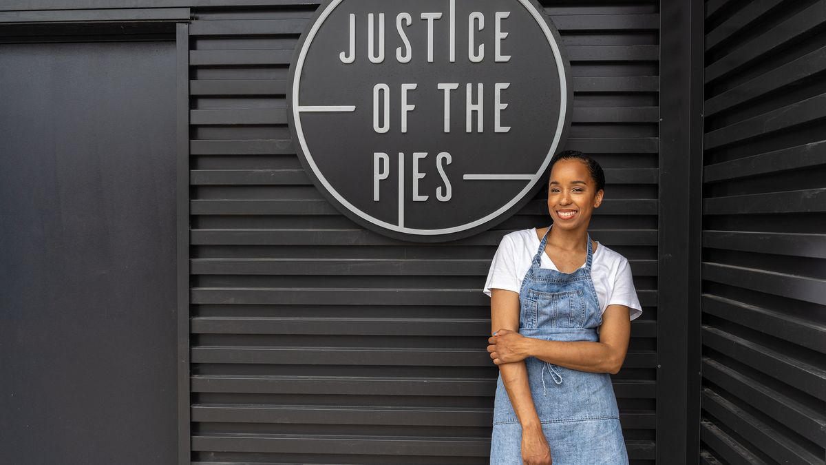 Maya Camille-Broussard in front of her Justice of the Pies bakery.