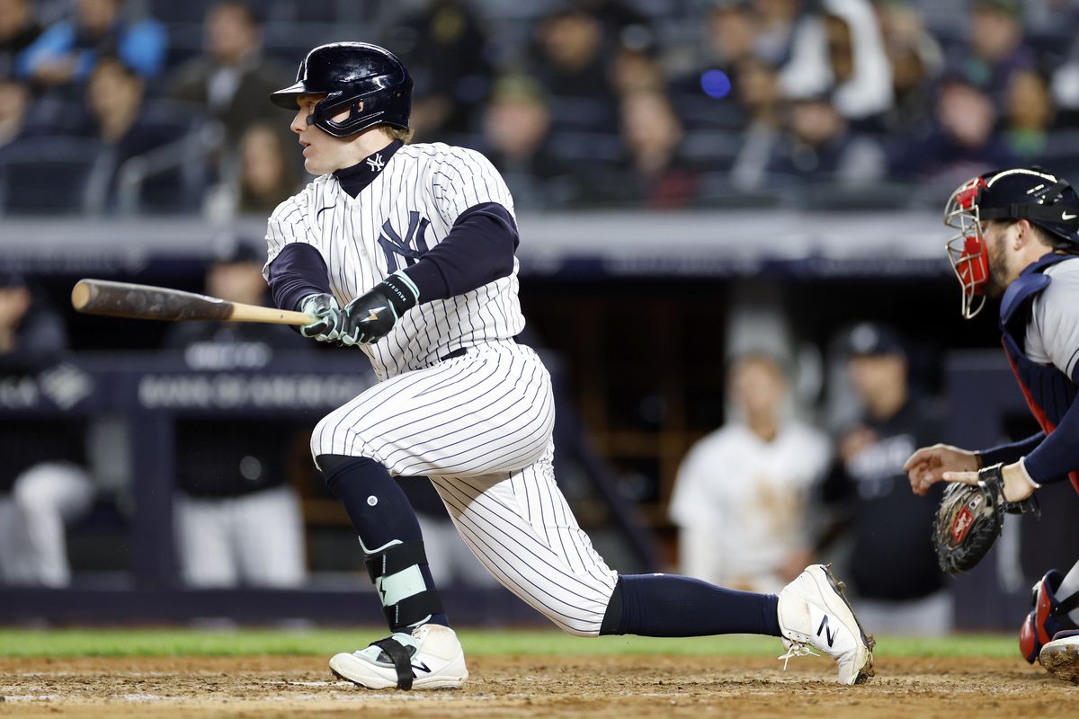 Harrison Bader of the New York Yankees hits an infield single during the eighth inning against the Cleveland Guardians at Yankee Stadium on May 02, 2023 in the Bronx borough of New York City. The Yankees won 4-2.