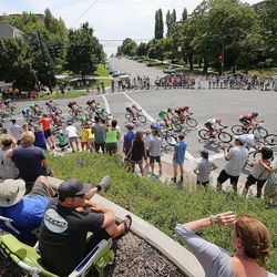 Spectators watch as the riders compete in Stage 7 of the Tour of Utah cycling race in Salt Lake City on Sunday, Aug. 6, 2017.