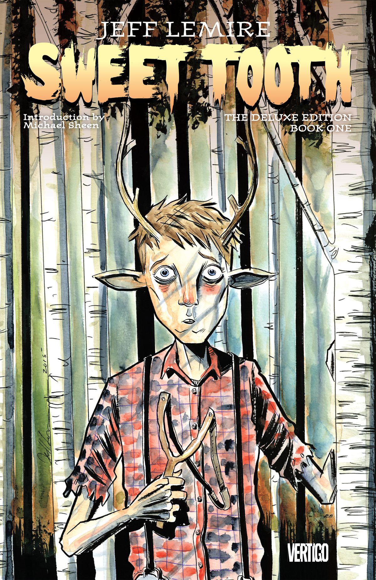 Gus, a boy with deer ears and antlers holds a slingshot timidly in a birch forest on the cover of Sweet Tooth: The Deluxe Edition. 