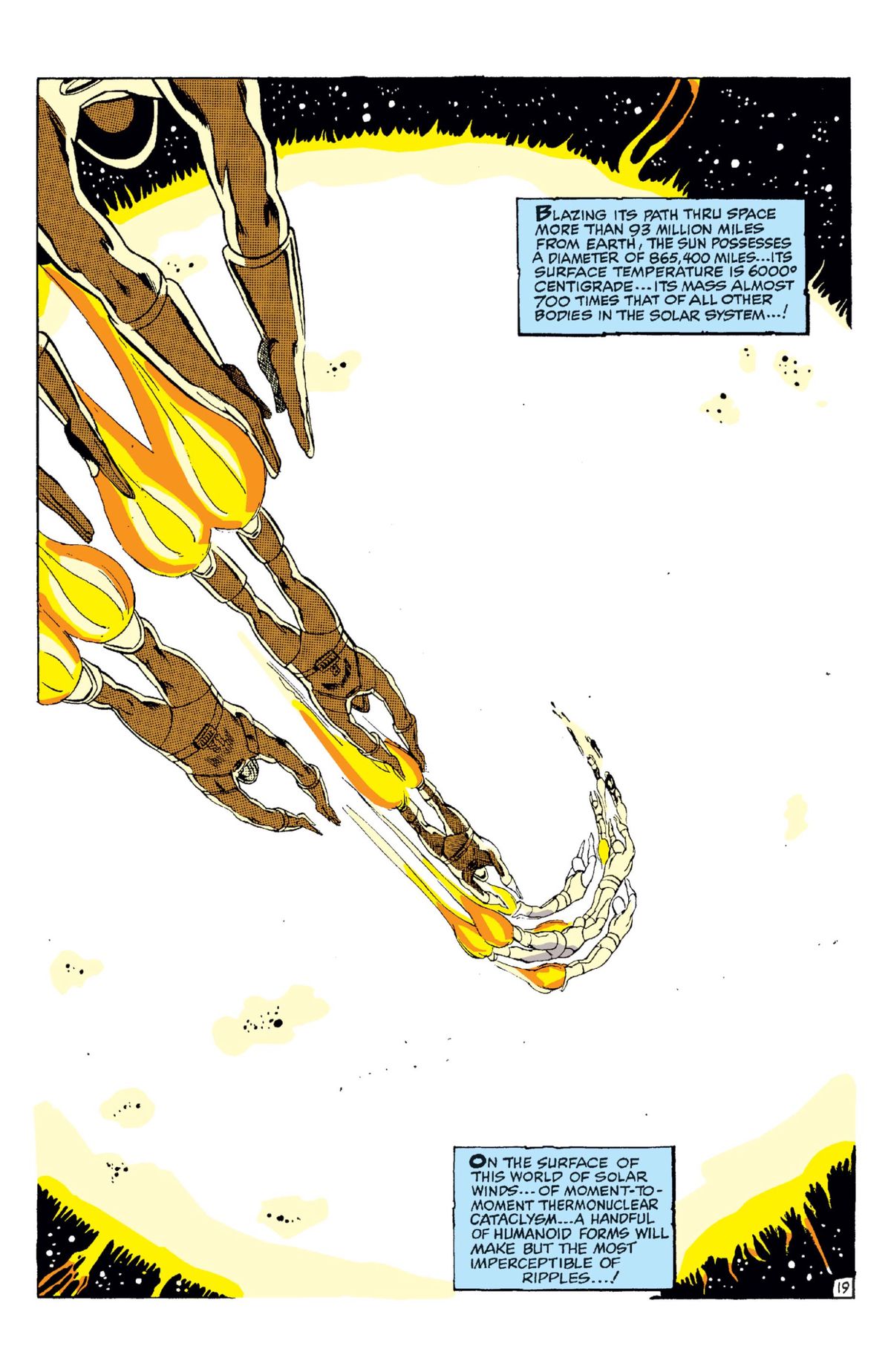 Dozens of Sentinels rocket off to fight the Sun and are swallowed by its incandescent heat, never to be seen again, in X-Men #59, Marvel Comics (1969). 