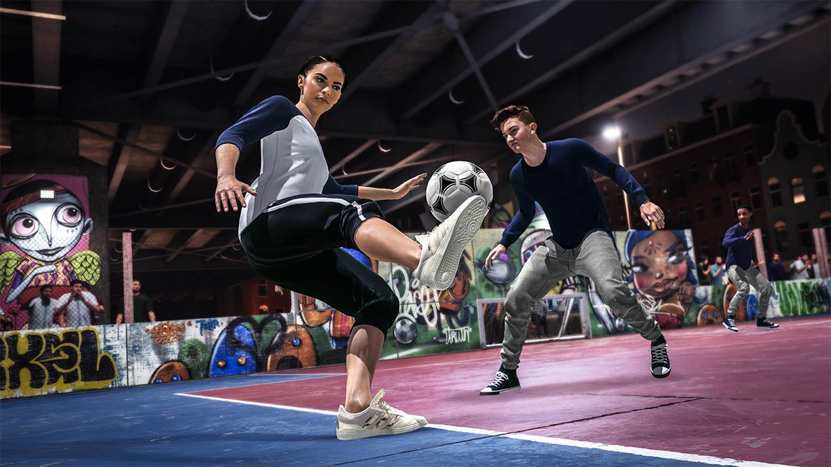 Soccer players compete in a screenshot from FIFA 20’s new Volta Football mode