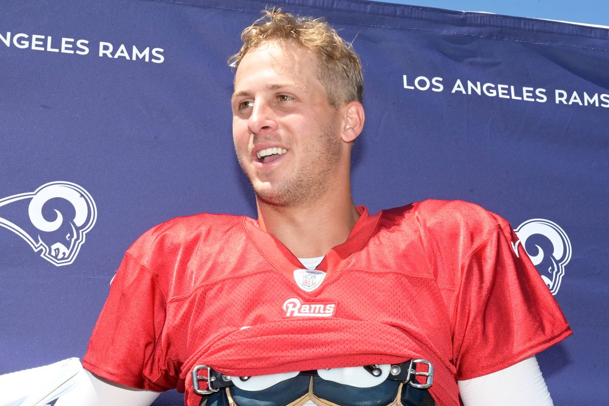 Los Angeles Rams QB Jared Goff addresses the media at a press conference, Aug. 7, 2019.