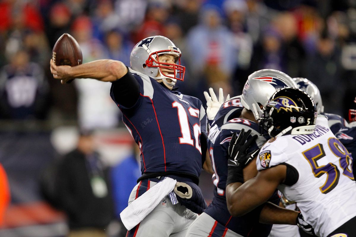 New England Patriots quarterback Tom Brady throws against the Baltimore Ravens during the second half at Gillette Stadium.