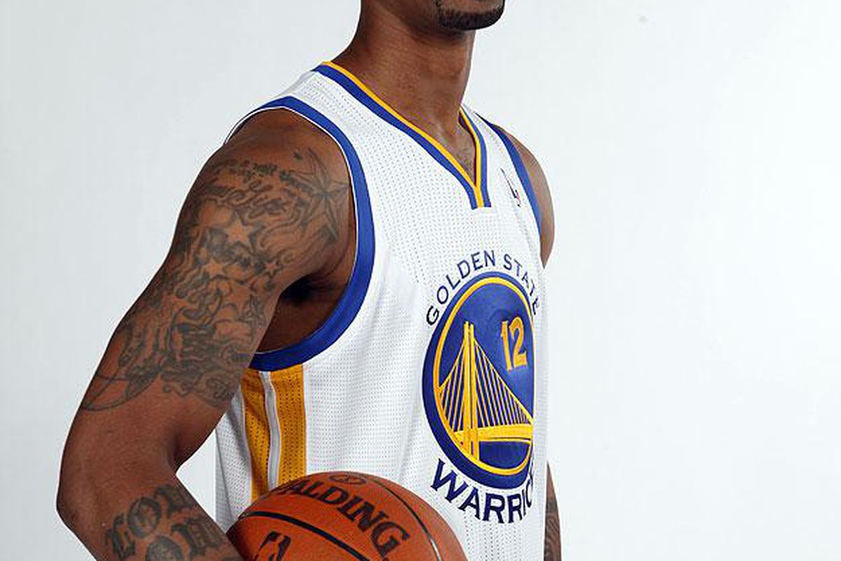 Cheyne Gadson in his Golden State Warriors jersey during this year's media day.