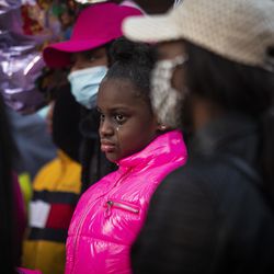 Dozens of family members and supporters of 7-year-old Jaslyn Adams gather for a vigil outside the girl’s grandmother’s West Side home, Wednesday evening, April 21, 2021. Jaslyn was fatally shot Sunday, April 18, while in line at a McDonald’s drive-thru with her father, who suffered one gunshot wound to the back and survived. 