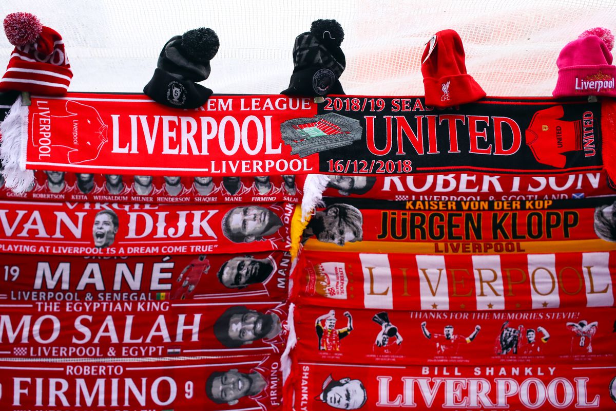 Stall selling Liverpool v Manchester United scarfs - Liverpool FC v Manchester United - Premier League