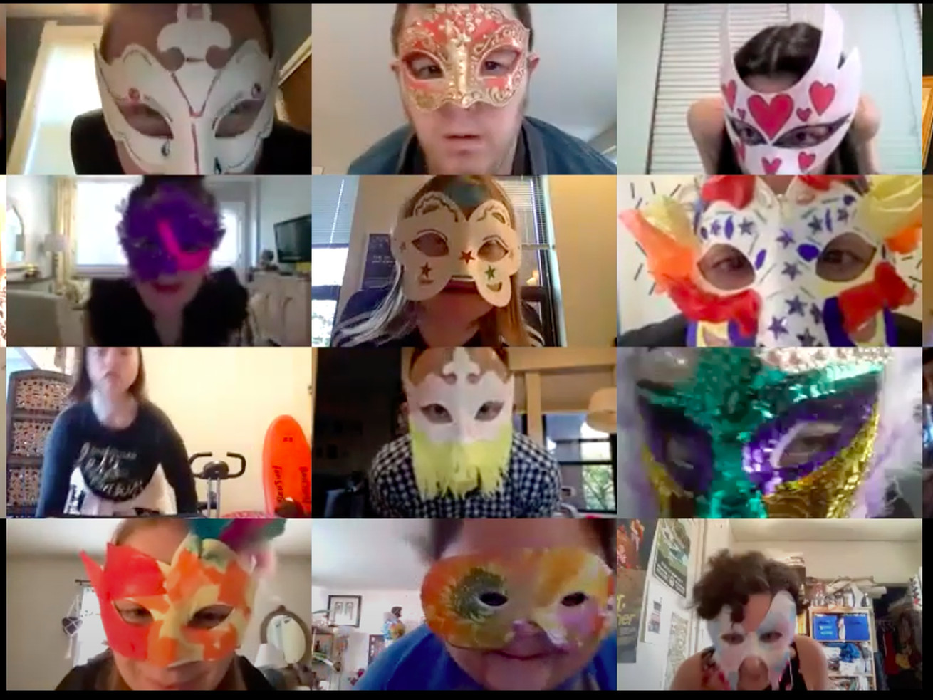 The Monday ensemble of “Romeo and Juliet Remix” shows off their homemade masks for “The Capulet Ball” scene.  A.B.L.E. sent custom story kits to each performer with visual aids, resources and craft projects to keep them engaged in virtual sessions. Everyone decorated their own masks for the play’s pivotal scene where Romeo and Juliet first meet.