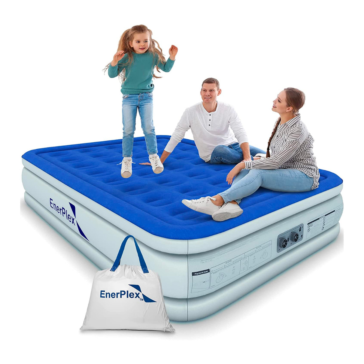 Blue EnerPlex air mattress with family on top