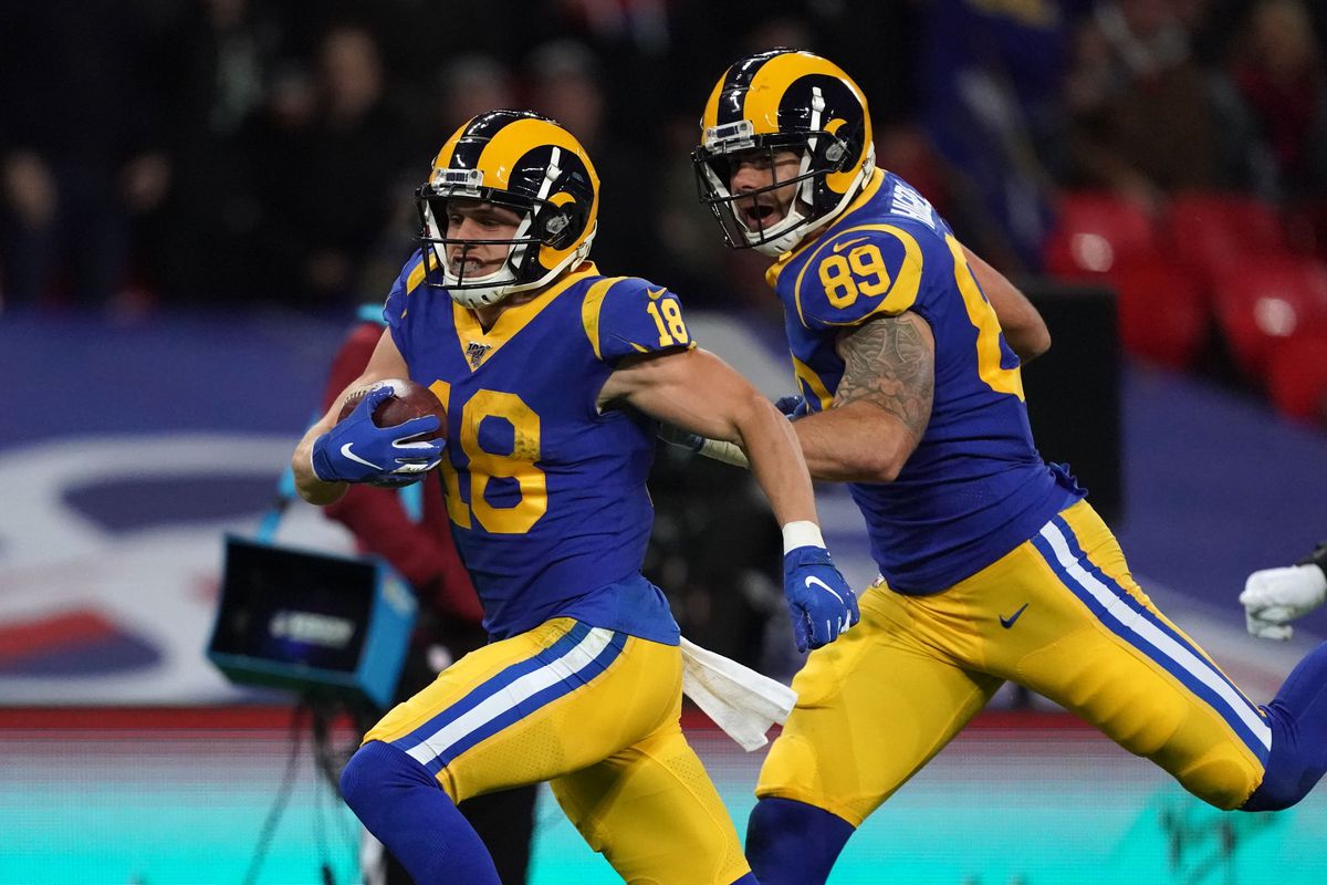 Los Angeles Rams WR Cooper Kupp is accompanied by TE Tyler Higbee on a 65-yard touchdown reception against the Cincinnati Bengals in Week 8, Oct. 27, 2019.