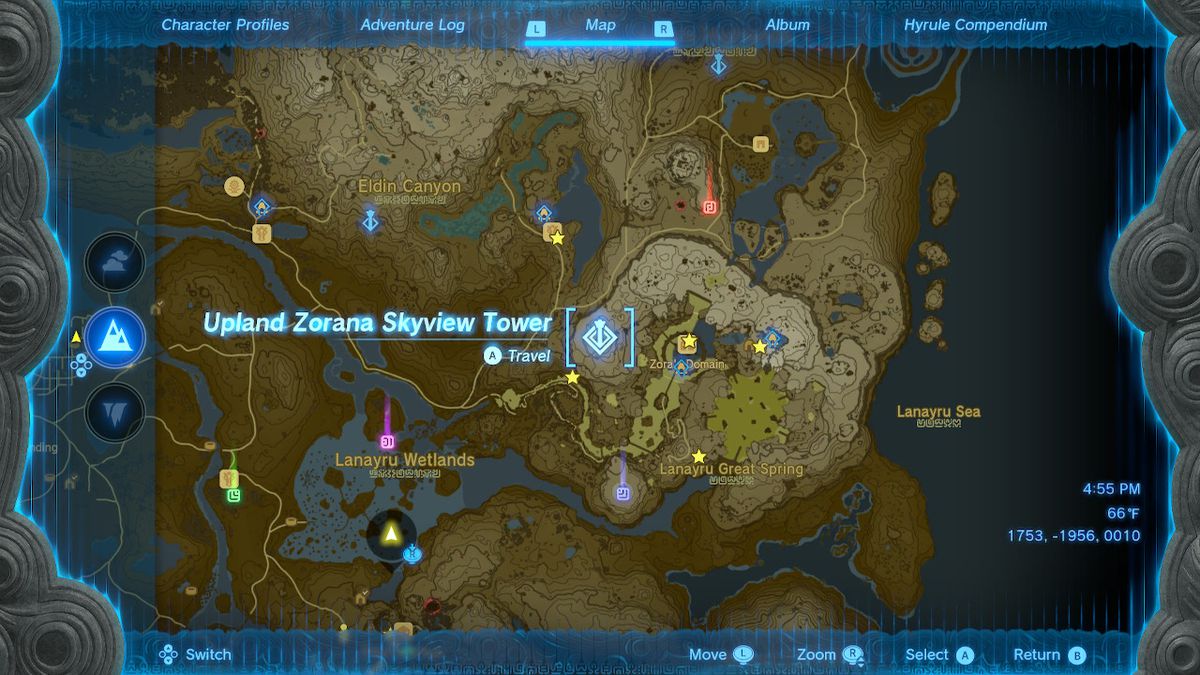 A location screen of the Upland Zorana Skyview Tower in Zelda: Tears of the Kingdom