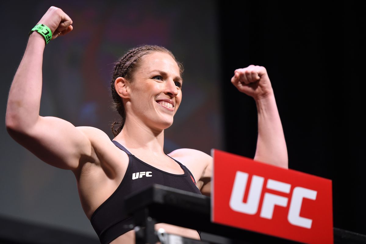 Sarah Kaufman poses at weigh-ins for her 2015 bout against Valentina Shevchenko.