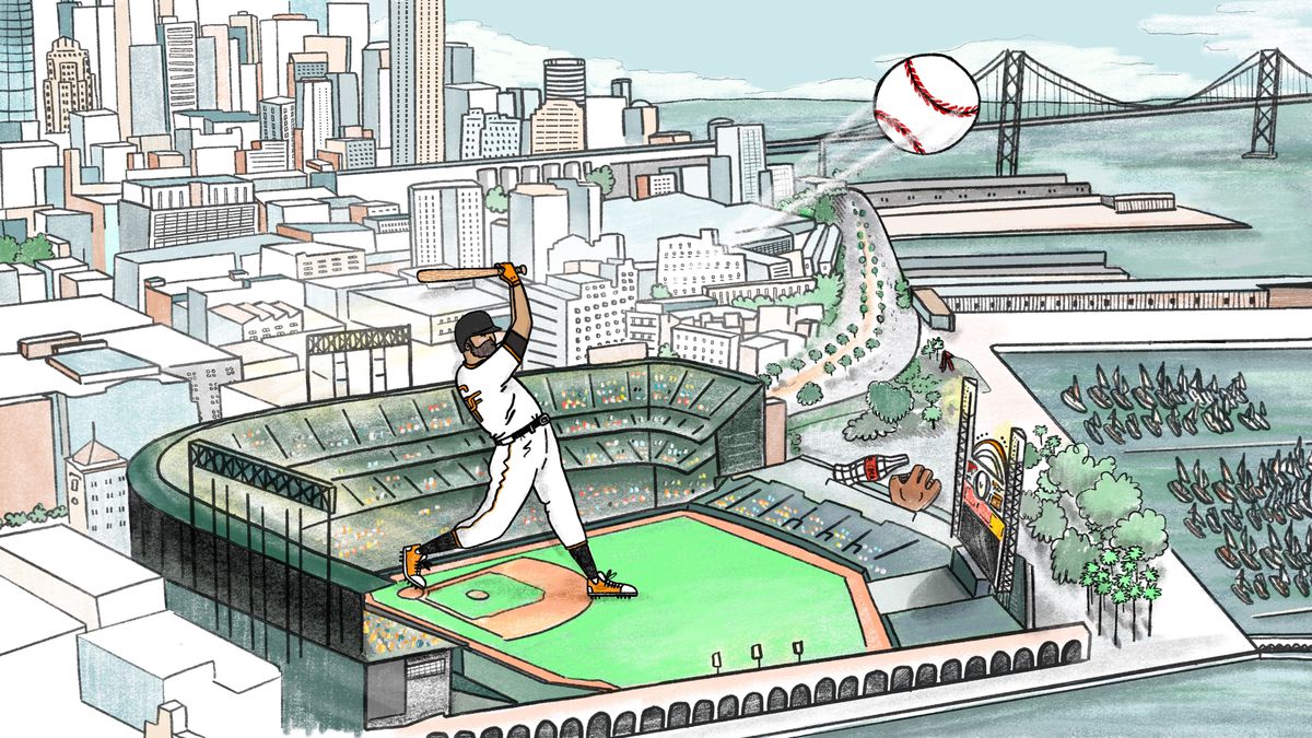 An illustration of a baseball player hitting a baseball out of a stadium with a baseball bat.