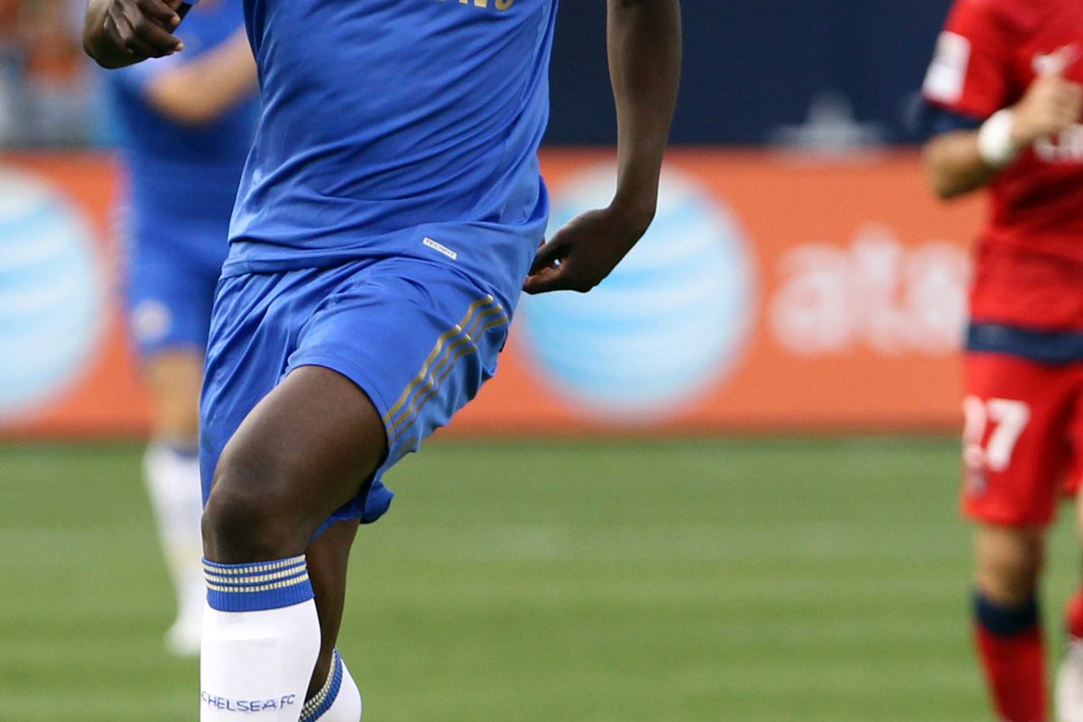 July 22, 2012; Bronx, NY, USA;  Chelsea FC forward Romelu Lukaku (18) carries the ball during the first half against Paris St. Germain at Yankee Stadium. Mandatory Credit: Anthony Gruppuso-US PRESSWIRE