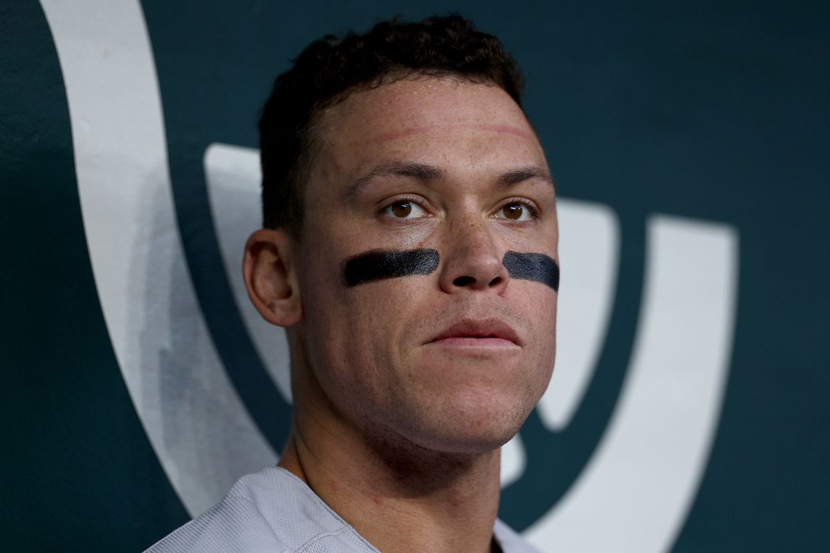 Aaron Judge of the New York Yankees looks on as the New York Yankees take on the Texas Rangers in the top of the second inning at Globe Life Field on April 27, 2023 in Arlington, Texas.