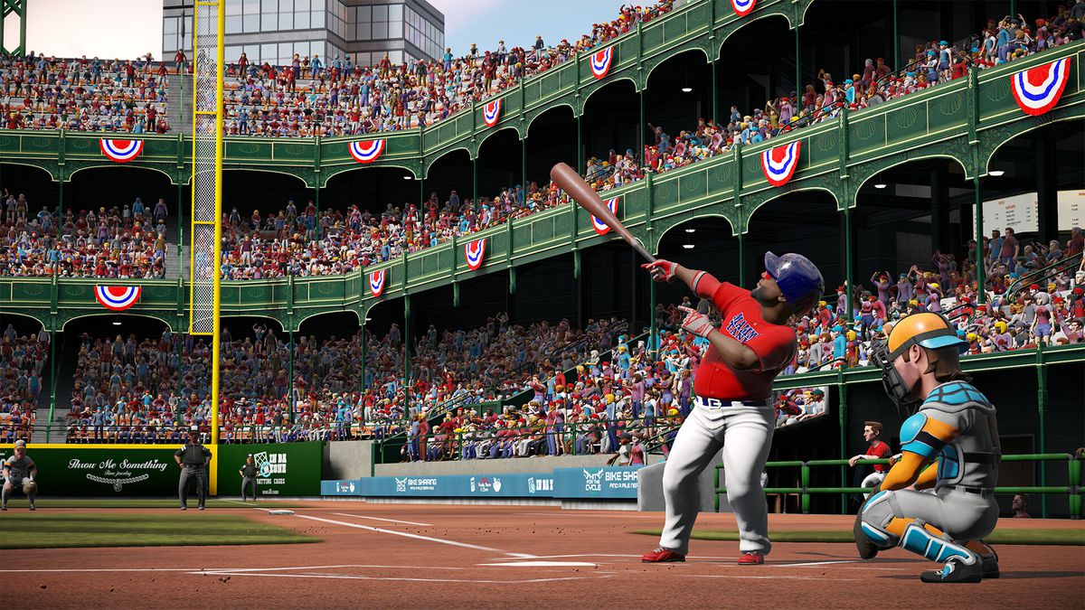 David Ortiz predicts a home run by pointing to the outfield stands at Fenway Park in Super Mega baseball 4