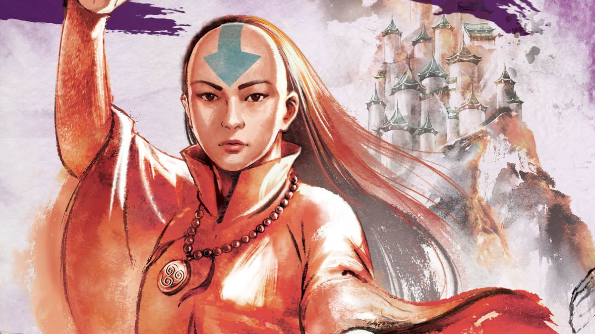 The book cover for F.C. Yee’s Avatar: The Last Airbender novel The Legacy of Yangchen, showing a young airbender in orange with the traditional half-shaved head and blue arrow forehead tattoo, with a white-turreted castle on a snowy mountaintop in the distance behind her, and a male waterbender in a martial-arts stance inset below her
