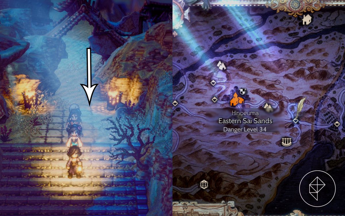 An arrow points down some steps in Octopath Traveler 2