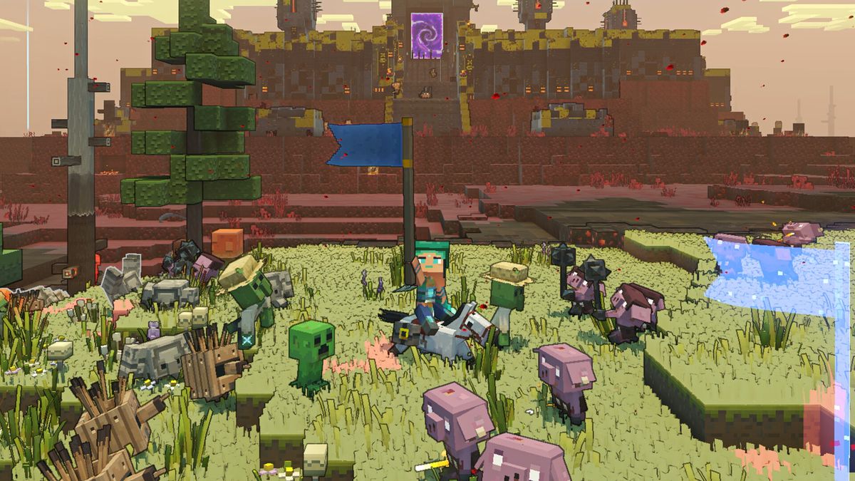 The player raises a banner atop their horse to rally the army to their side while Piglins swarm around the scene in Minecraft Legends.