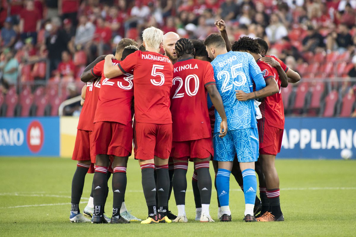 Toronto FC players huddle before the MLS game between...