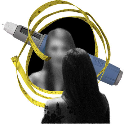 Photo illustration of a person looking at her reflection. The mirror is framed by a measuring tape, and there is a semaglutide injection pen behind it.