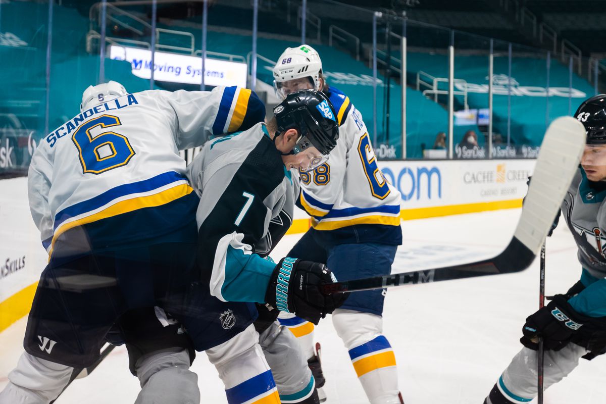 San Jose Sharks Center Dylan Gambrell (7) is cornered by the Blues defense during the NHL hockey game between the St. Louis Blues and San Jose Sharks on March 19, 2021 at the SAP center in San Jose, CA.