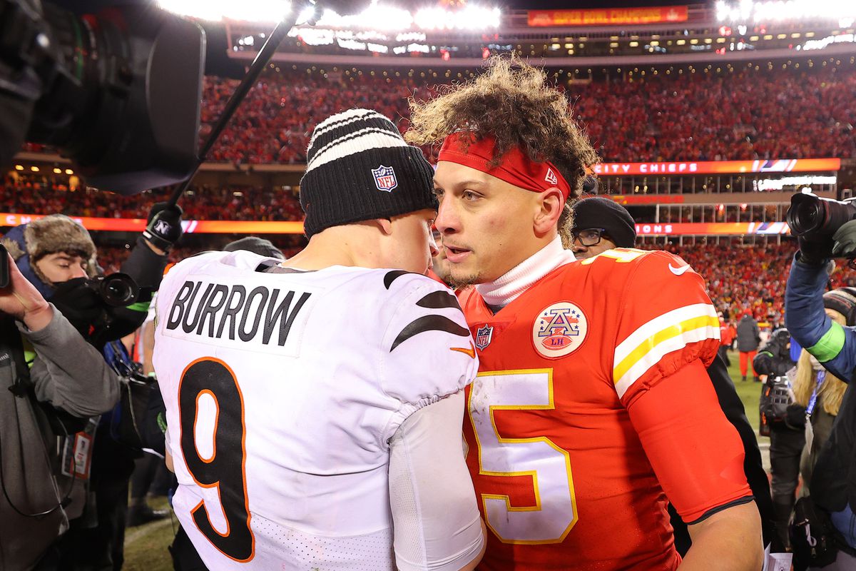 Joe Burrow #9 of the Cincinnati Bengals and Patrick Mahomes #15 of the Kansas City Chiefs meet on the field after the AFC Championship Game at GEHA Field at Arrowhead Stadium on January 29, 2023 in Kansas City, Missouri.